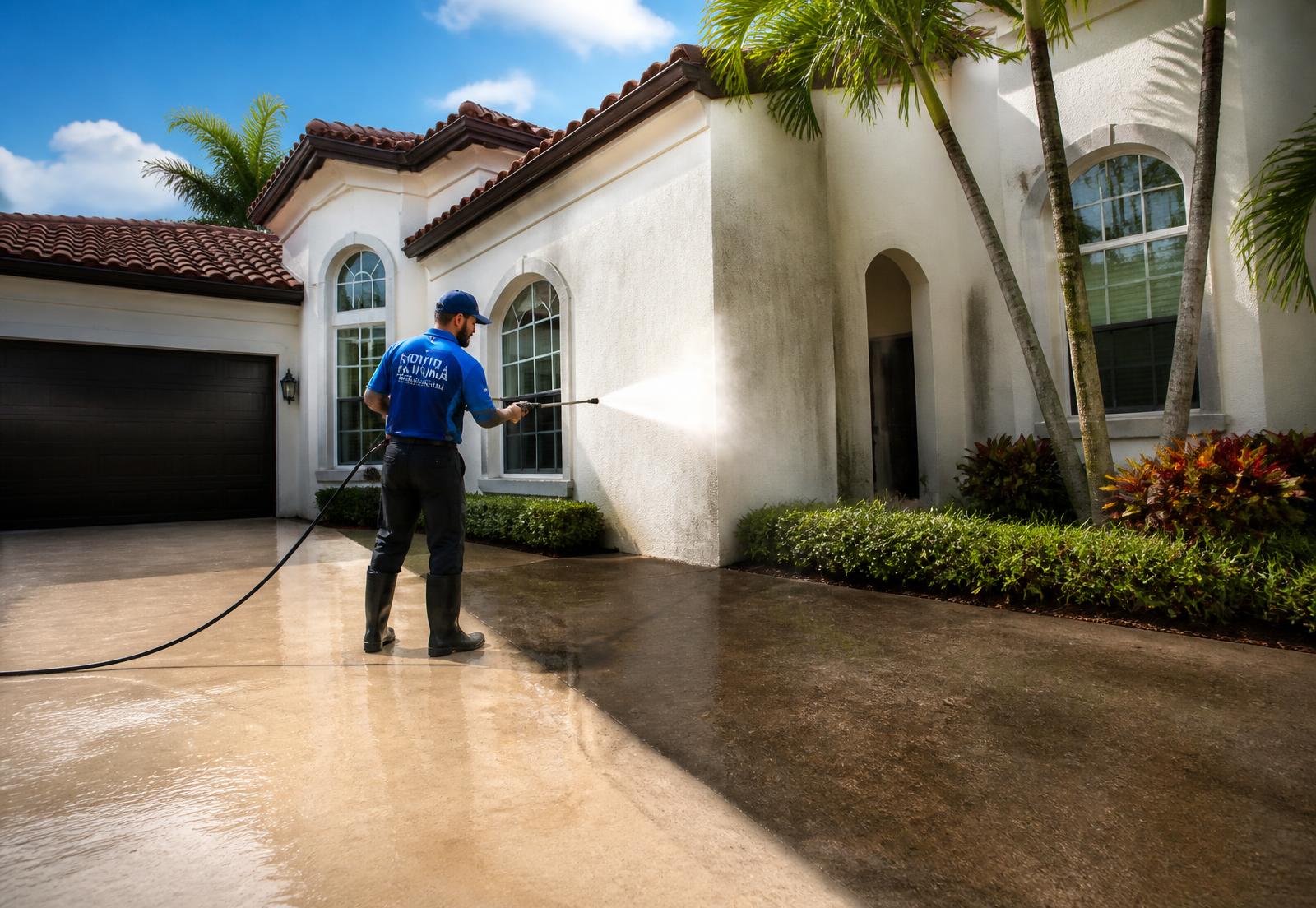Technician pressure washing a South Florida home driveway