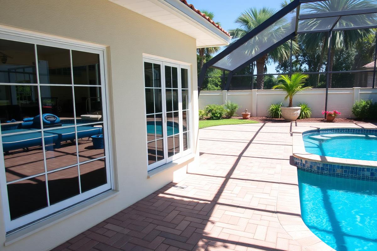 Freshly cleaned paver patio and windows by a pool